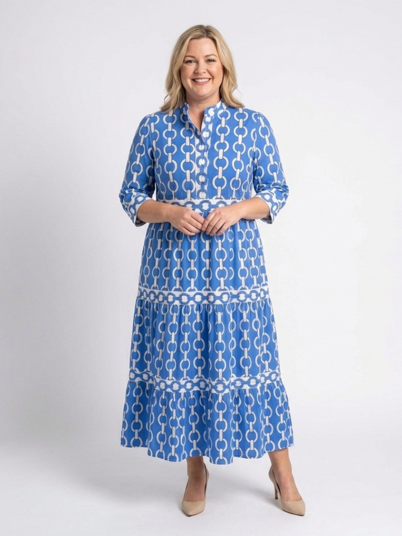 Angharad — Block-Print Tiered Maxi Dress with Notch Neckline and Contrast Trim
