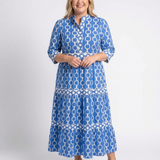 Angharad — Block-Print Tiered Maxi Dress with Notch Neckline and Contrast Trim