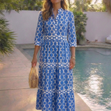 Angharad — Block-Print Tiered Maxi Dress with Notch Neckline and Contrast Trim