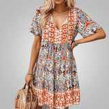 Radmila — Boho Print Tiered Midi Dress with V-Neck and Short Sleeves