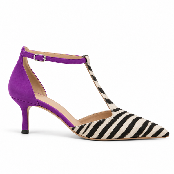 Noriko — Zebra-Print Pointed T-Strap Court Shoes with Purple Heel