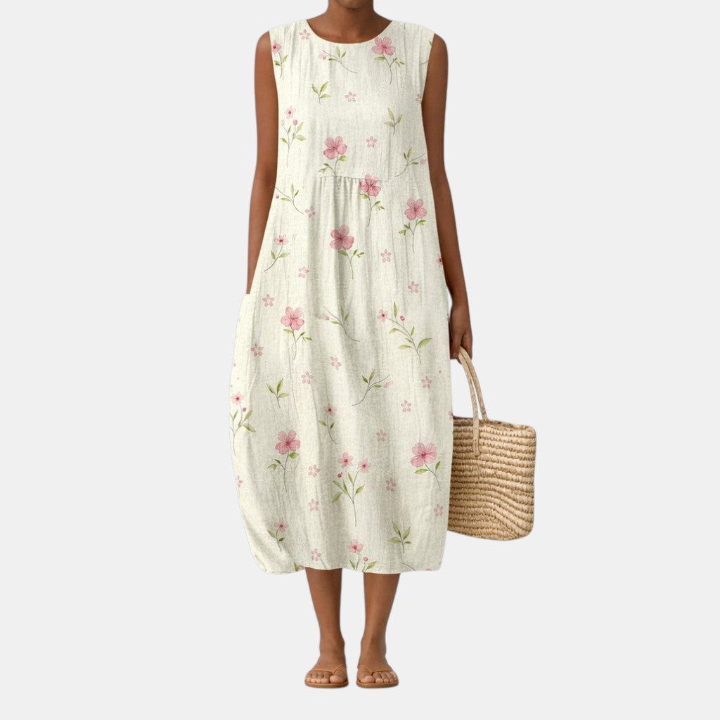 Aimee — White Wildflower Sleeveless Midi Dress