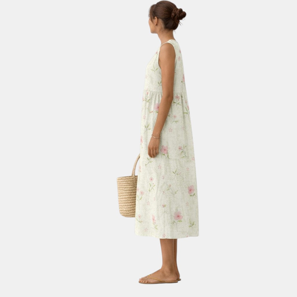 Aimee — White Wildflower Sleeveless Midi Dress