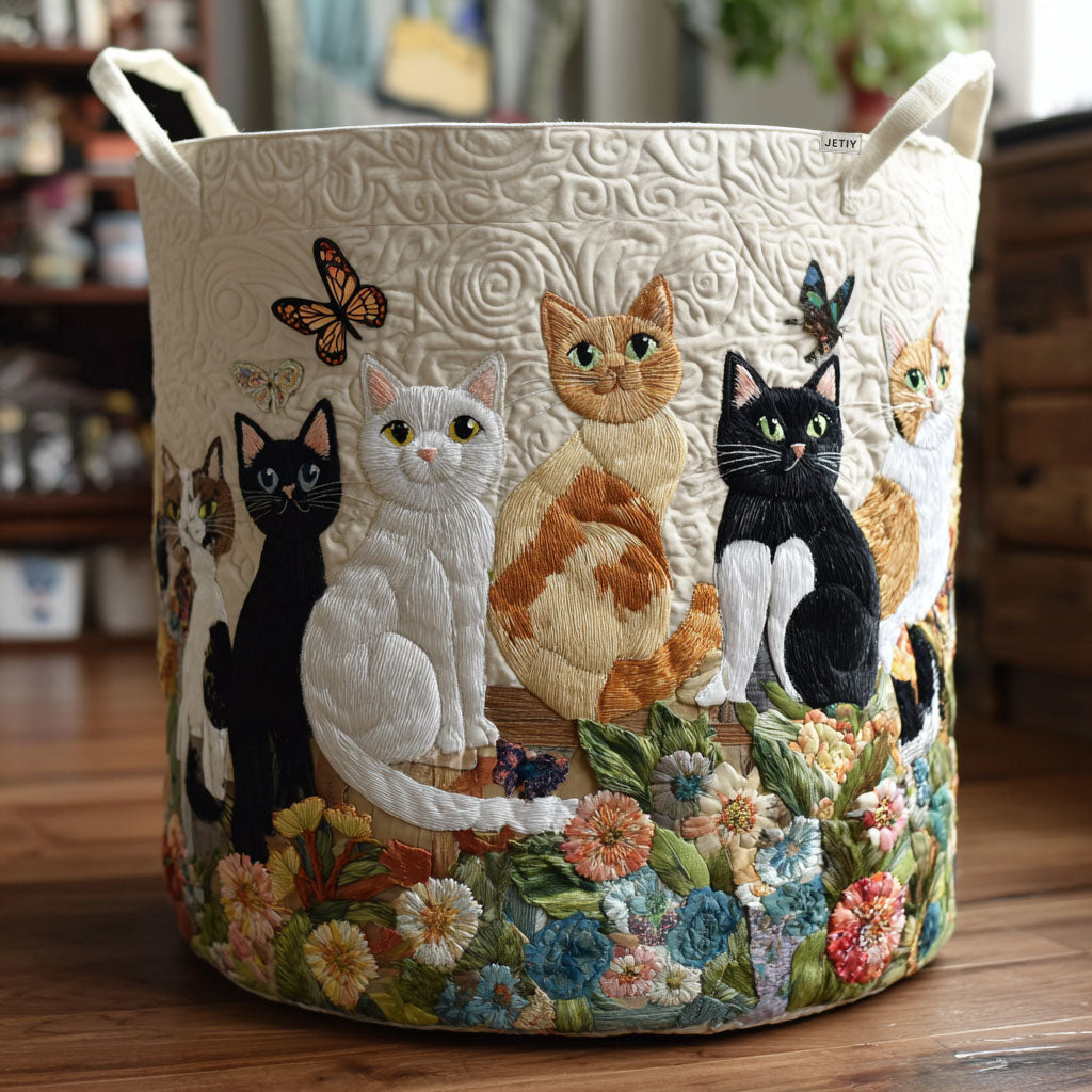 Edna — Cats and Wildflowers Quilted Laundry Basket