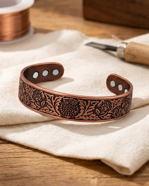 Viva — Dark Floral Embossed Wide Copper-Tone Cuff Bracelet