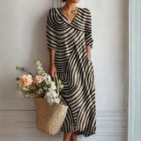 Ashlyn — Black and White Wave-Stripe V-Neck Boho Maxi Dress