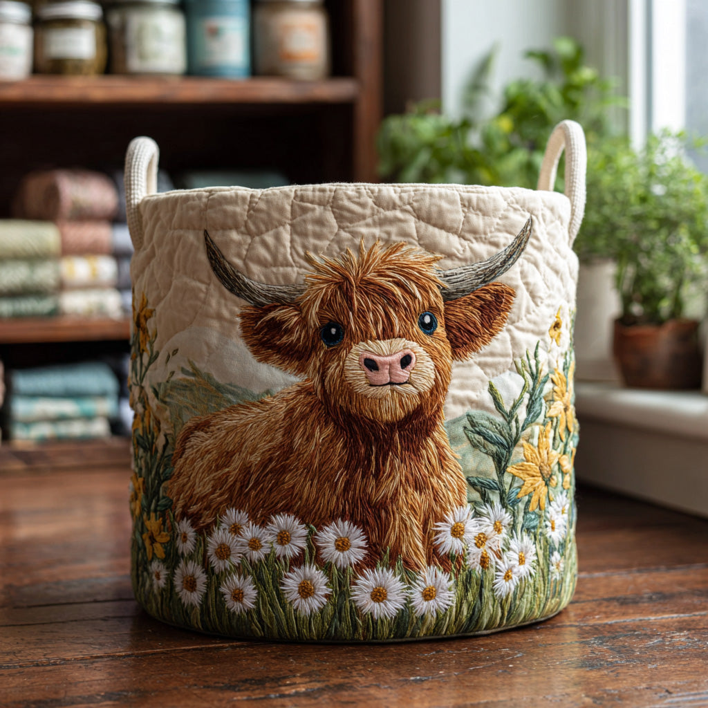 Ylva — Highland Calf and Daisies Quilted Laundry Basket