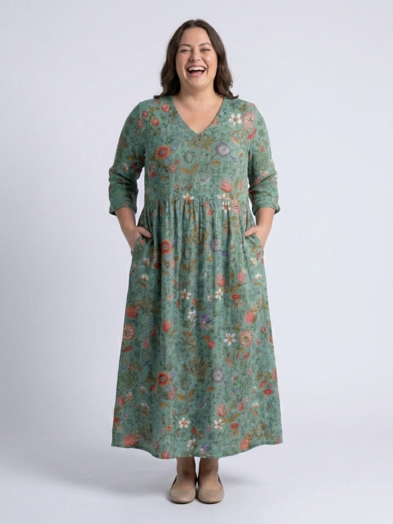 Antoinette — Floral V-Neck Maxi Dress with Three-Quarter Sleeves