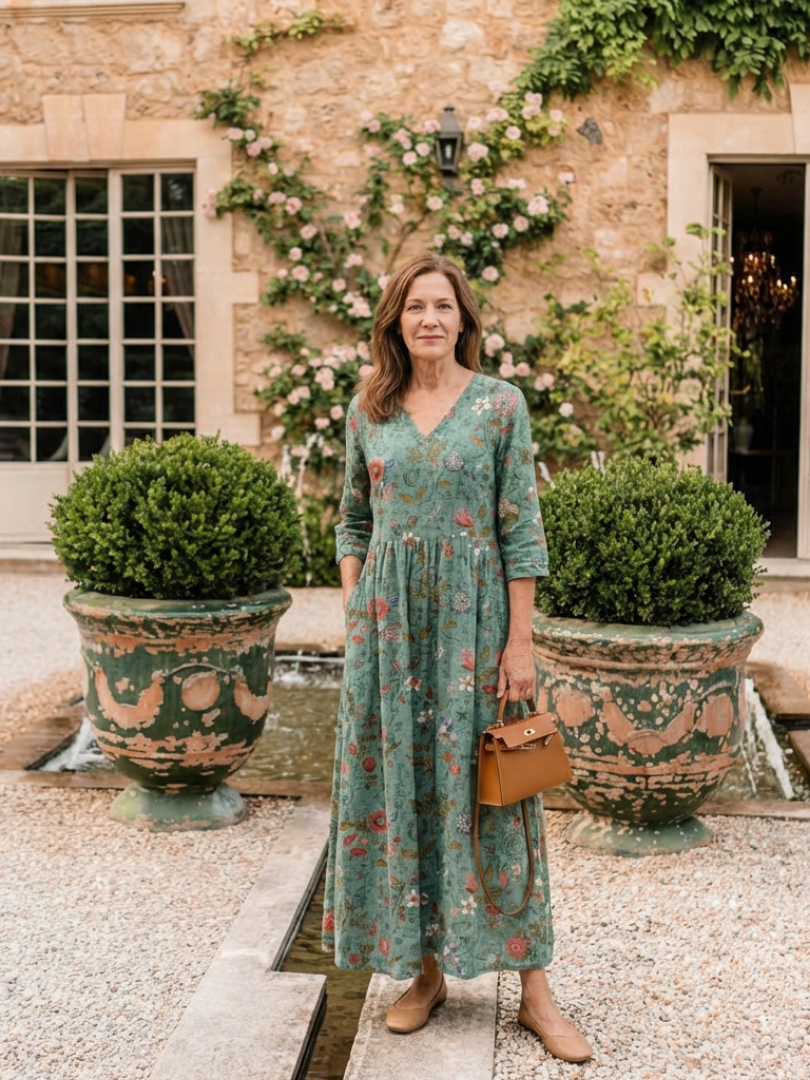 Antoinette — Floral V-Neck Maxi Dress with Three-Quarter Sleeves