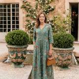 Antoinette — Floral V-Neck Maxi Dress with Three-Quarter Sleeves