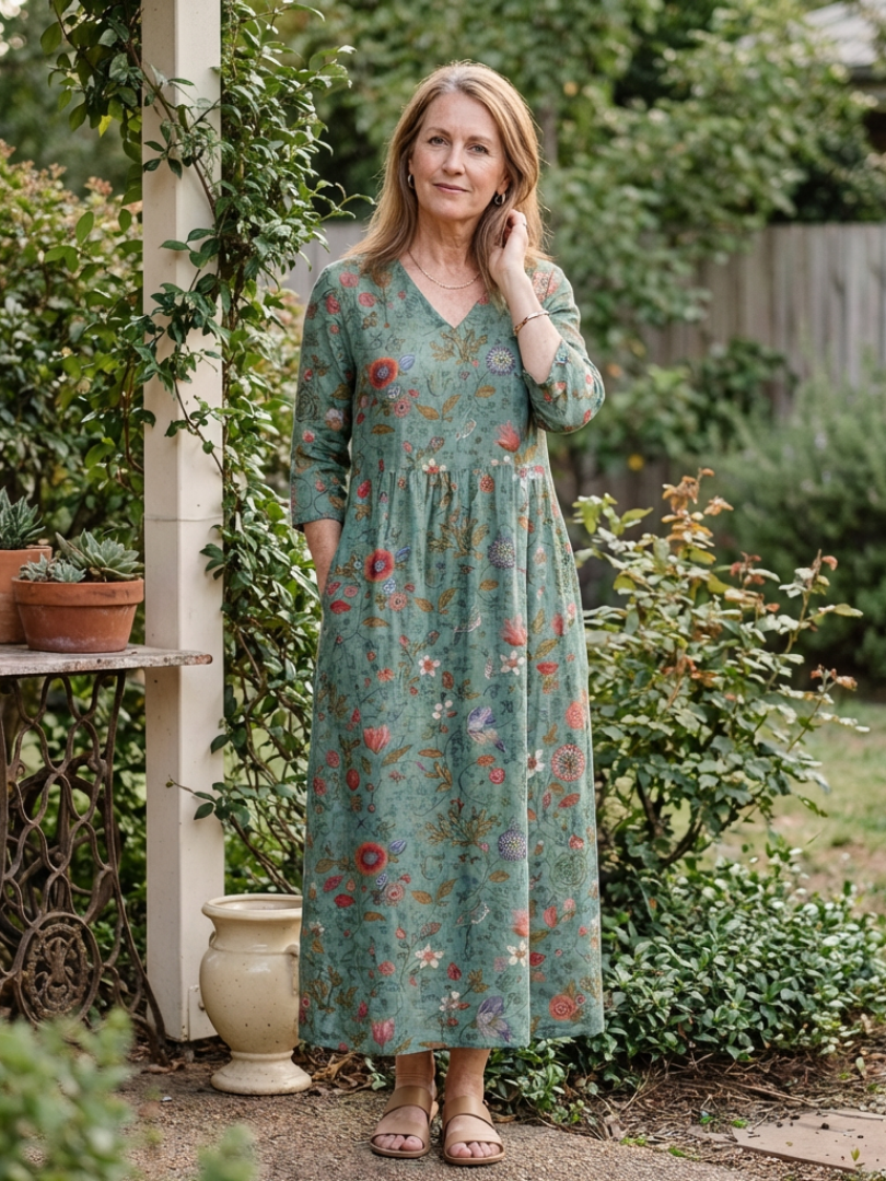 Antoinette — Floral V-Neck Maxi Dress with Three-Quarter Sleeves