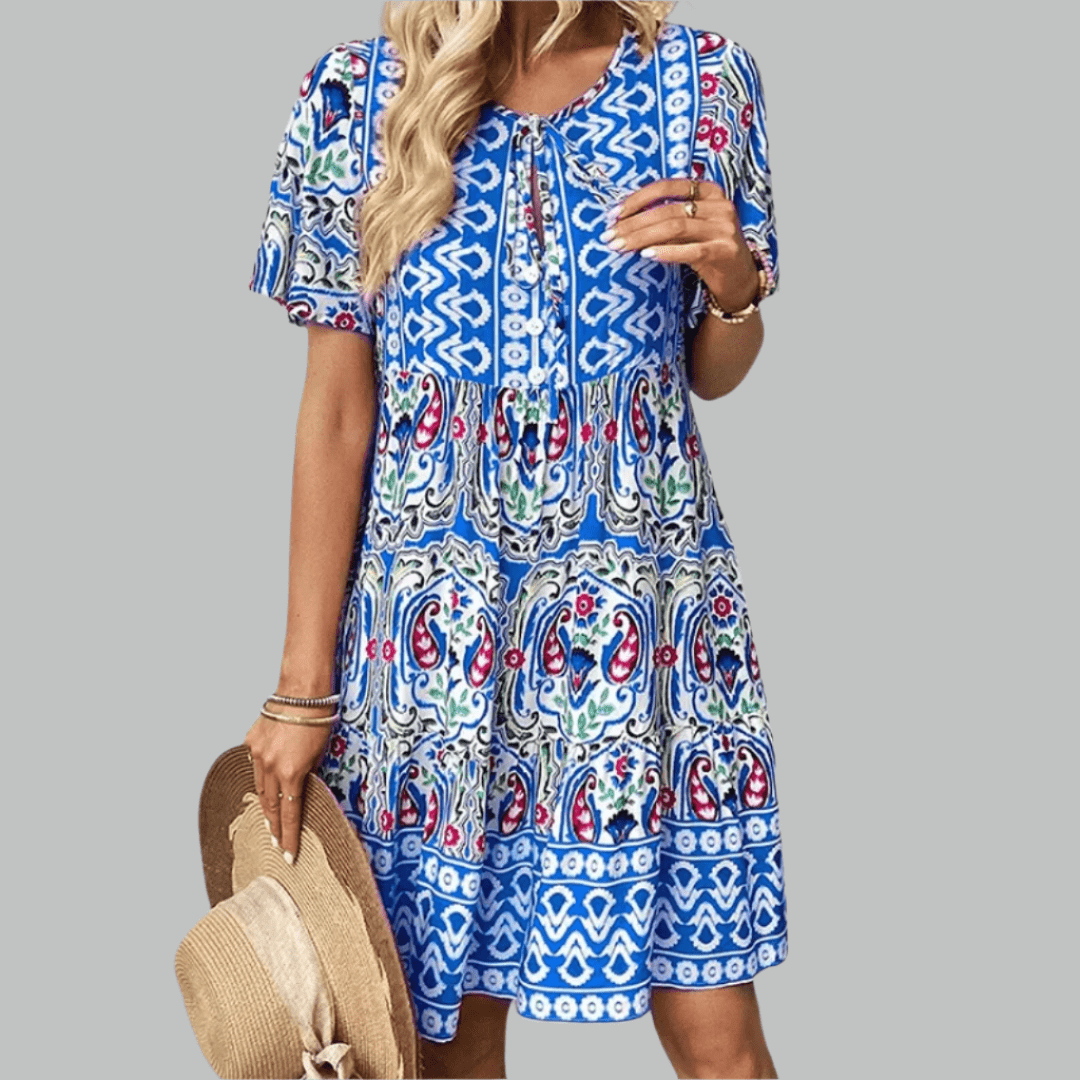Radmila — Boho Print Tiered Midi Dress with V-Neck and Short Sleeves