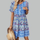 Radmila — Boho Print Tiered Midi Dress with V-Neck and Short Sleeves