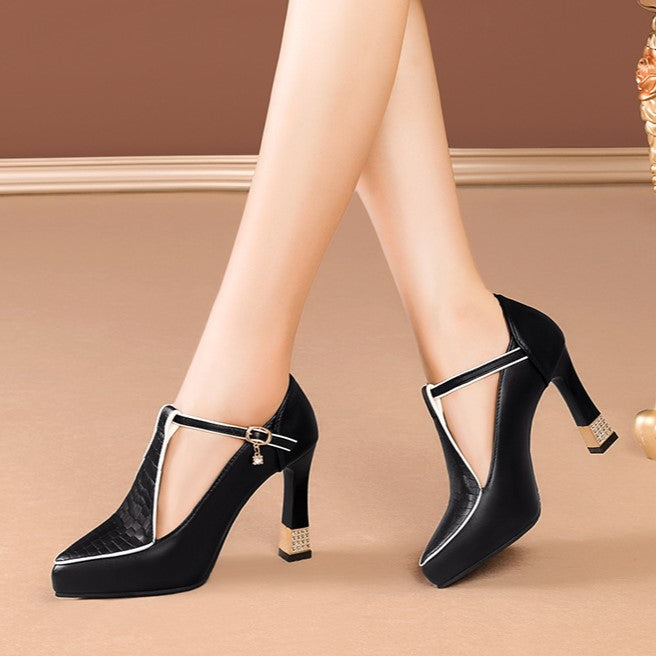 Kaori — T-Bar Platform Court Shoes with Jewel Charm and Crystal Heel