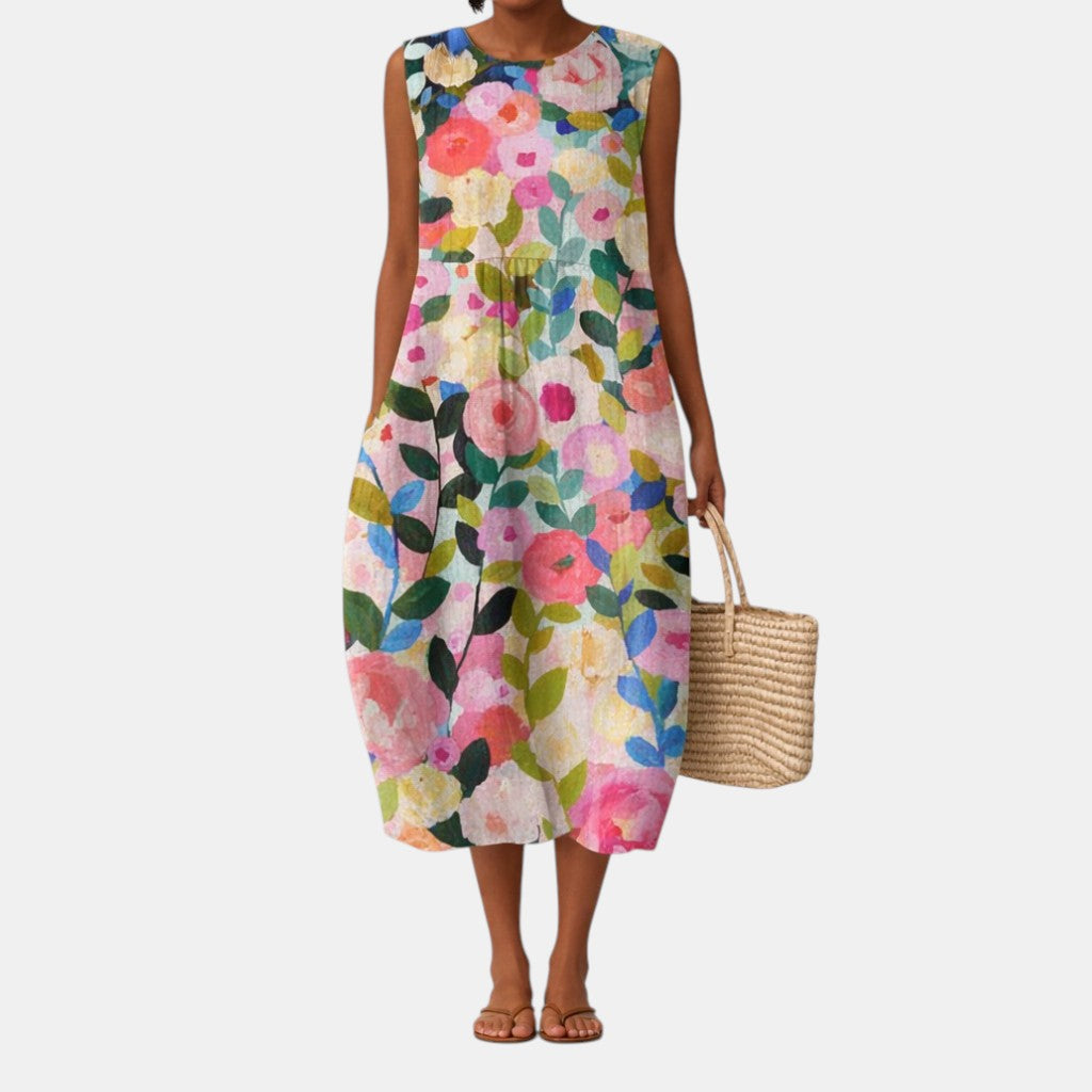 Augusta — Bright Floral Bouquet Sleeveless Midi Dress