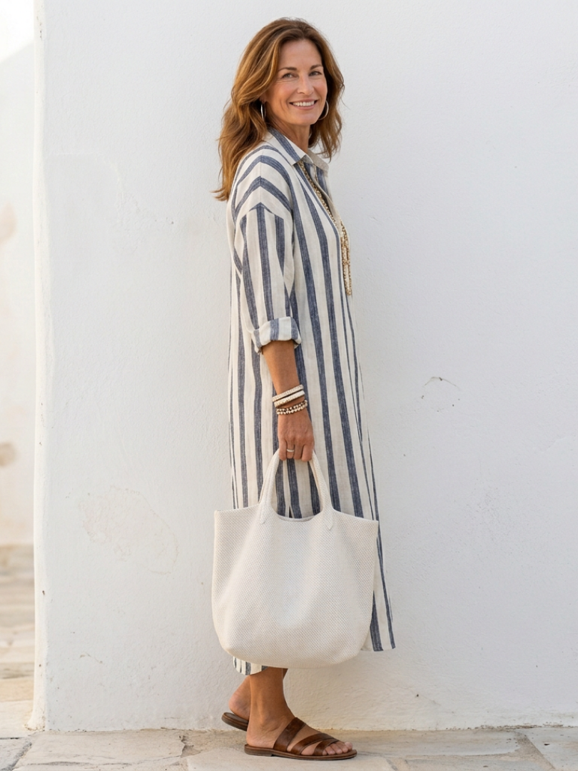 Agnethe — Striped Midi Shirt Dress with Notch Collar and Three-Quarter Sleeves