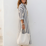 Agnethe — Striped Midi Shirt Dress with Notch Collar and Three-Quarter Sleeves