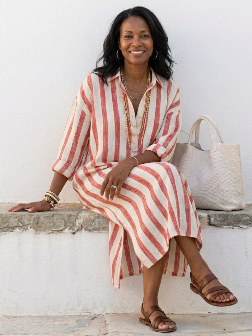 Agnethe — Striped Midi Shirt Dress with Notch Collar and Three-Quarter Sleeves