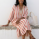 Agnethe — Striped Midi Shirt Dress with Notch Collar and Three-Quarter Sleeves
