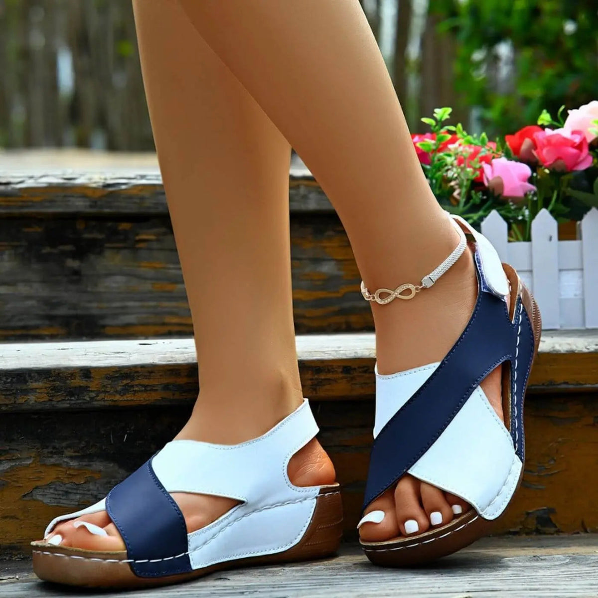 Aviva — Cross-Strap Cork-Wedge Sandals