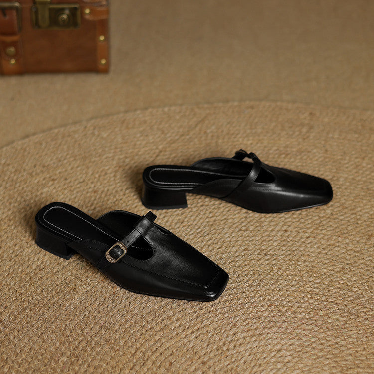Zaira — Square-Toe T-Strap Mules