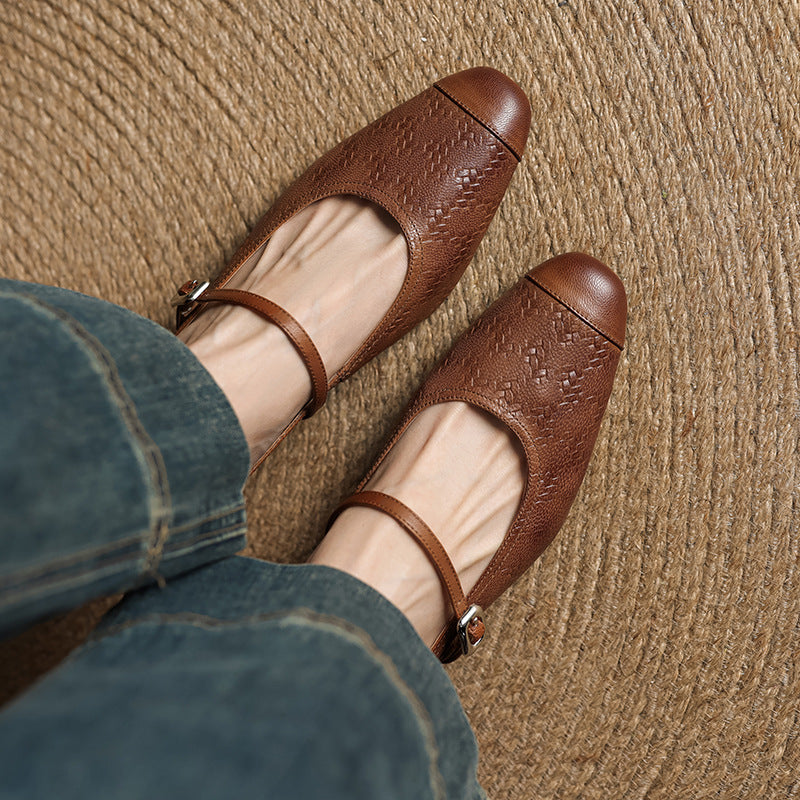 Mercedes — Embossed Mary Jane Block-Heel Mules