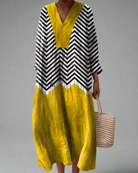 Desiree — Black and Yellow Chevron Colour-Block Midi Dress