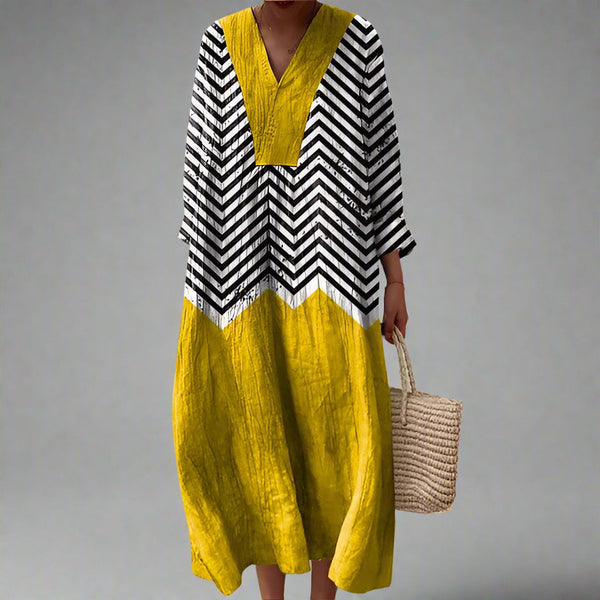 Desiree — Black and Yellow Chevron Colour-Block Midi Dress