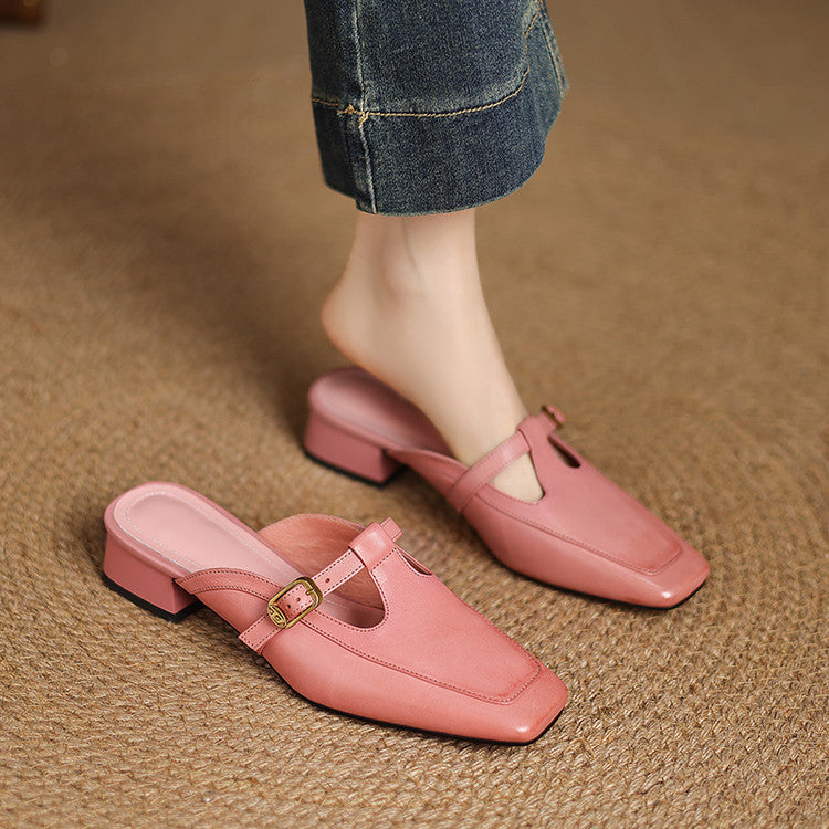 Zaira — Square-Toe T-Strap Mules