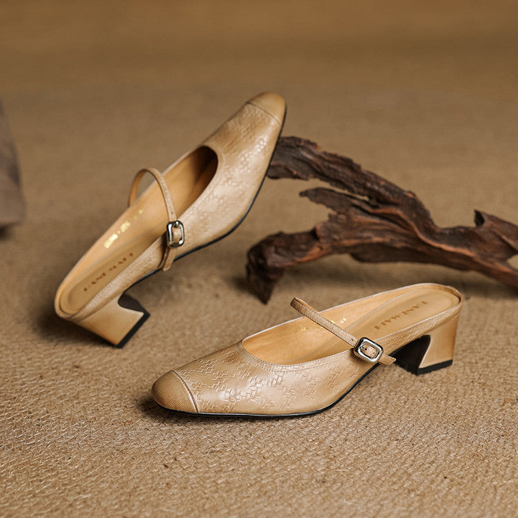 Mercedes — Embossed Mary Jane Block-Heel Mules