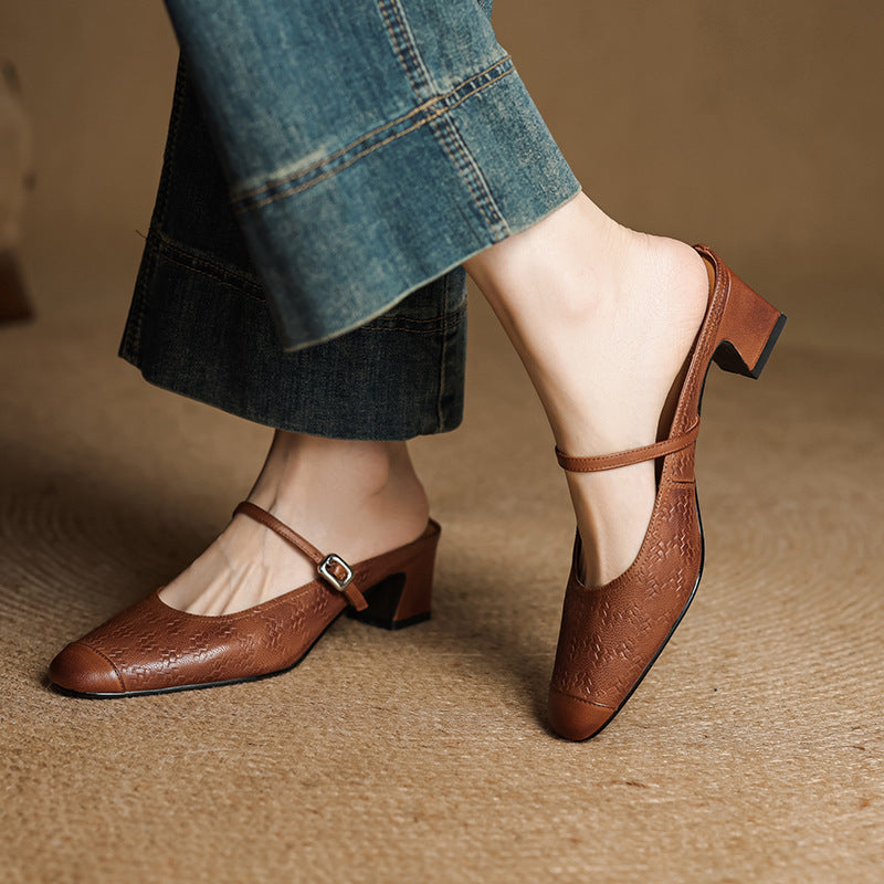 Mercedes — Embossed Mary Jane Block-Heel Mules
