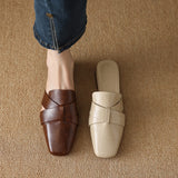 Aleena — Cross-Strap Square-Toe Block-Heel Mules