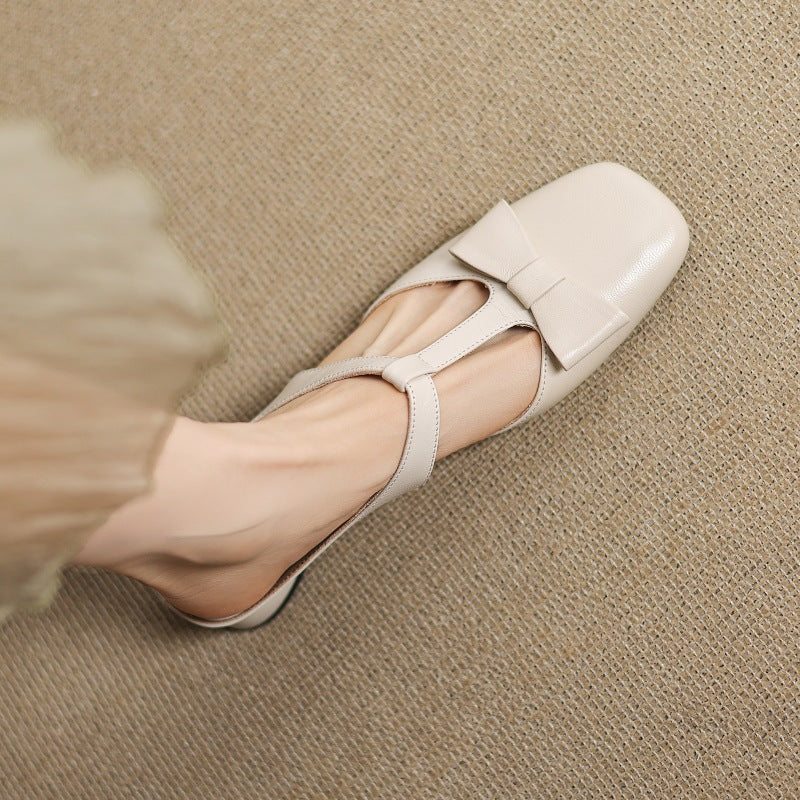Ludovica — Bow T-Bar Low-Heel Mules