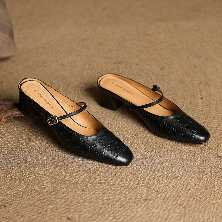 Mercedes — Embossed Mary Jane Block-Heel Mules