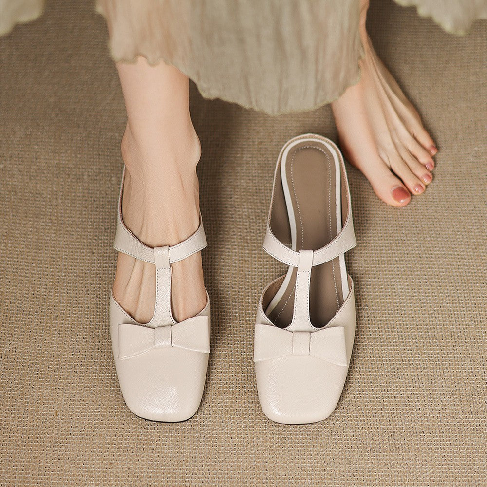Ludovica — Bow T-Bar Low-Heel Mules