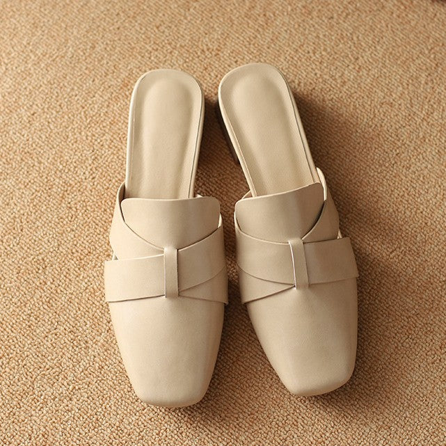 Aleena — Cross-Strap Square-Toe Block-Heel Mules