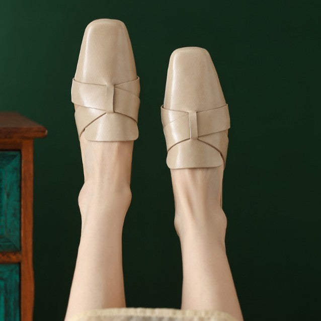 Aleena — Cross-Strap Square-Toe Block-Heel Mules