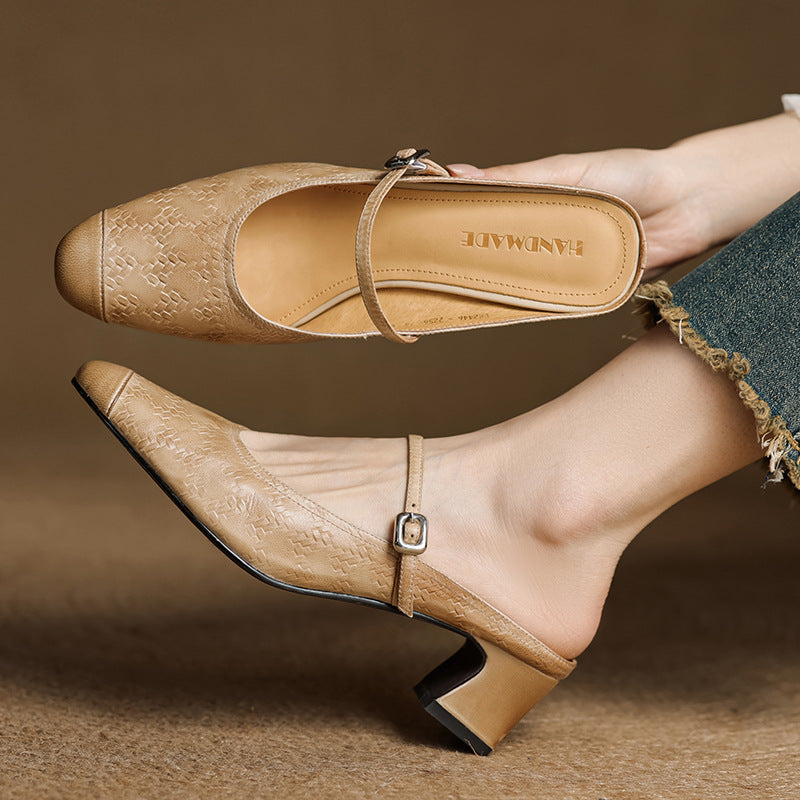 Mercedes — Embossed Mary Jane Block-Heel Mules
