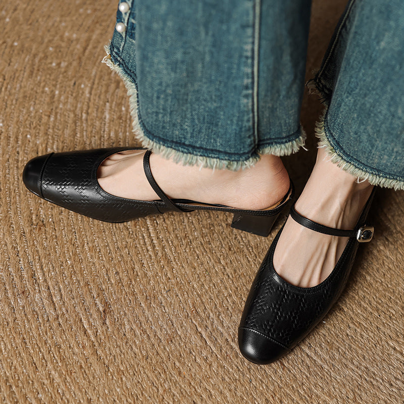 Mercedes — Embossed Mary Jane Block-Heel Mules