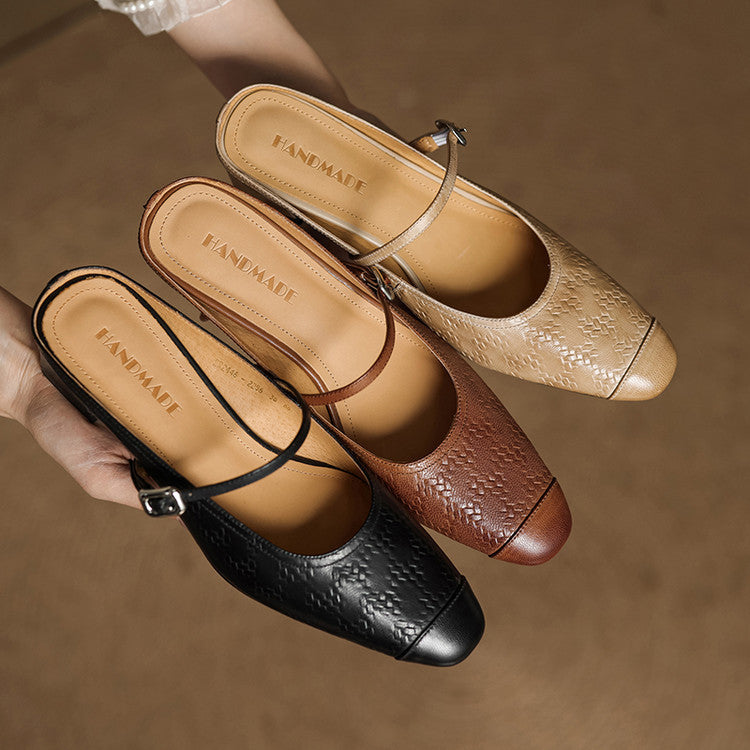 Mercedes — Embossed Mary Jane Block-Heel Mules