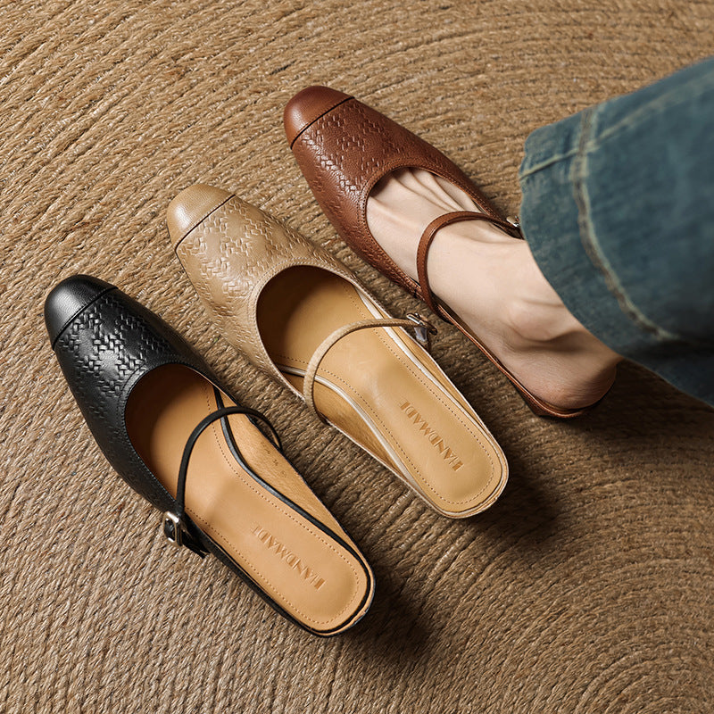 Mercedes — Embossed Mary Jane Block-Heel Mules