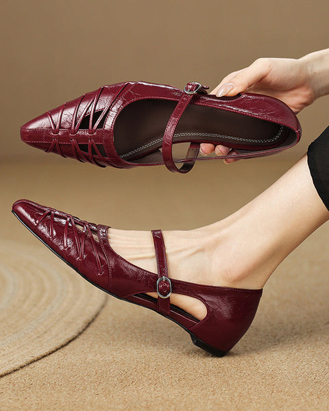 Quenby — Pointed Lattice-Cut Mary Jane Flat - Burgundy