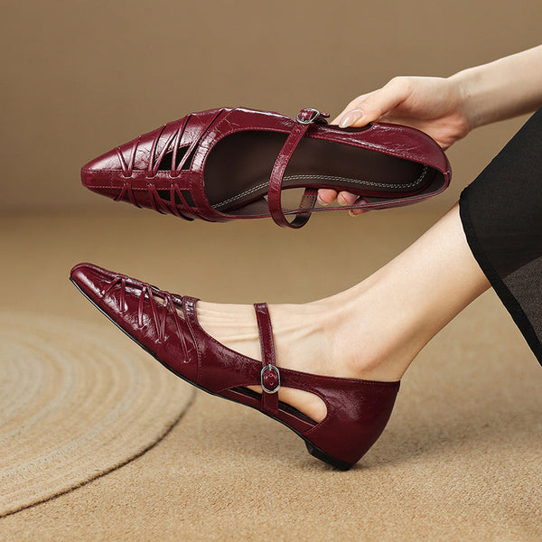 Quenby — Pointed Lattice-Cut Mary Jane Flat - Burgundy