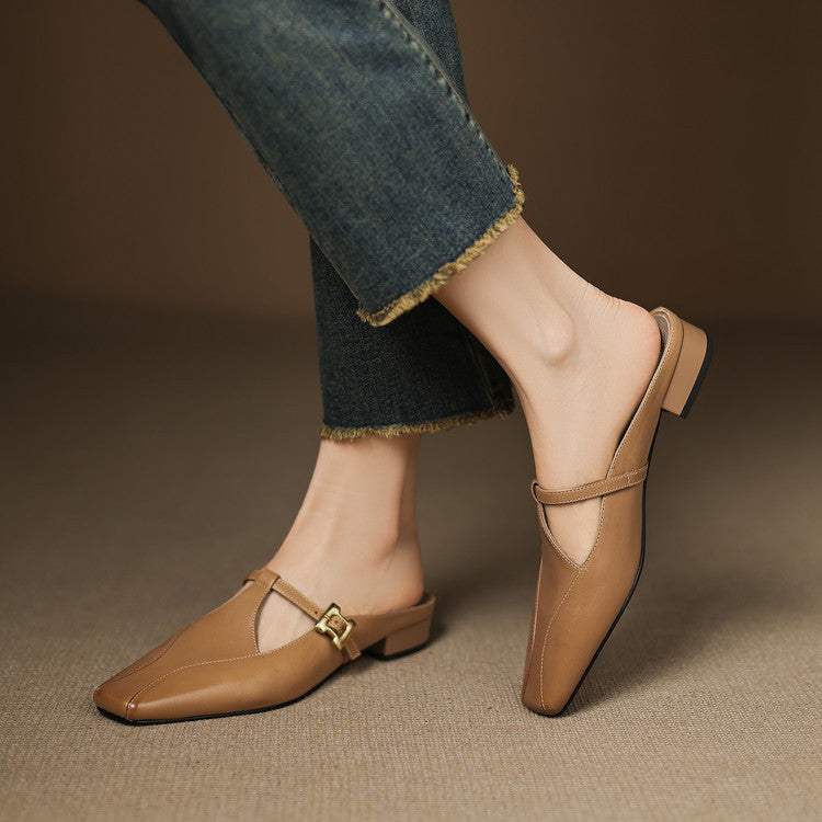 Hephzibah — Buckle T-Strap Flat Mules
