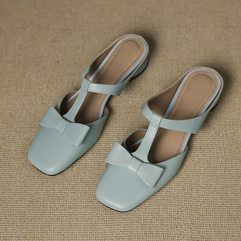 Ludovica — Bow T-Bar Low-Heel Mules