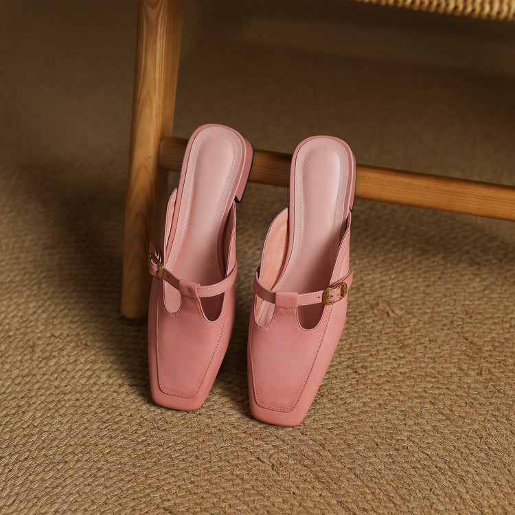 Zaira — Square-Toe T-Strap Mules