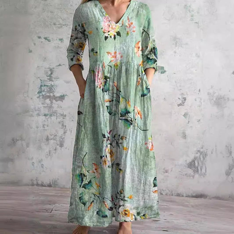 Cilla — Mint Garden Print V-Neck Maxi Dress