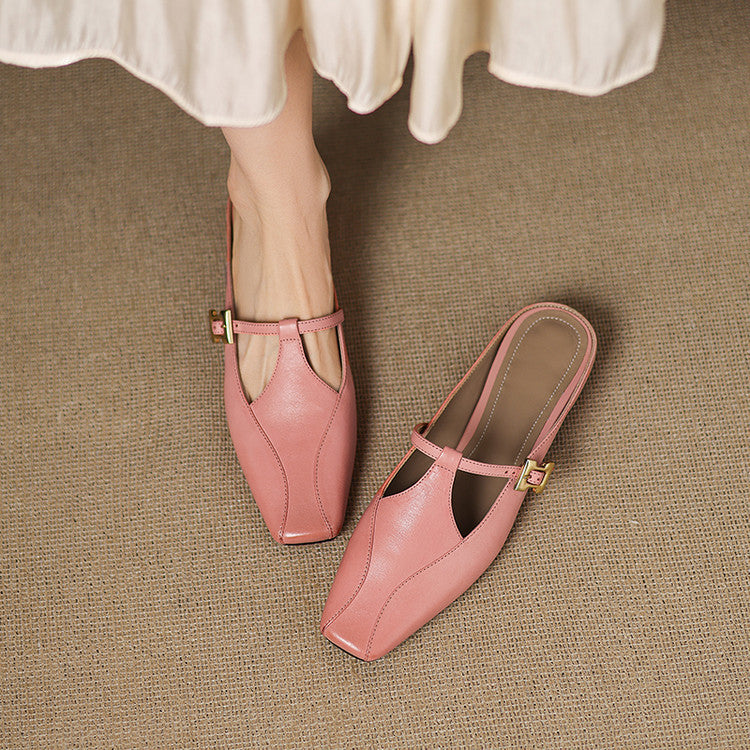 Hephzibah — Buckle T-Strap Flat Mules