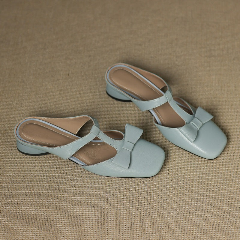 Ludovica — Bow T-Bar Low-Heel Mules