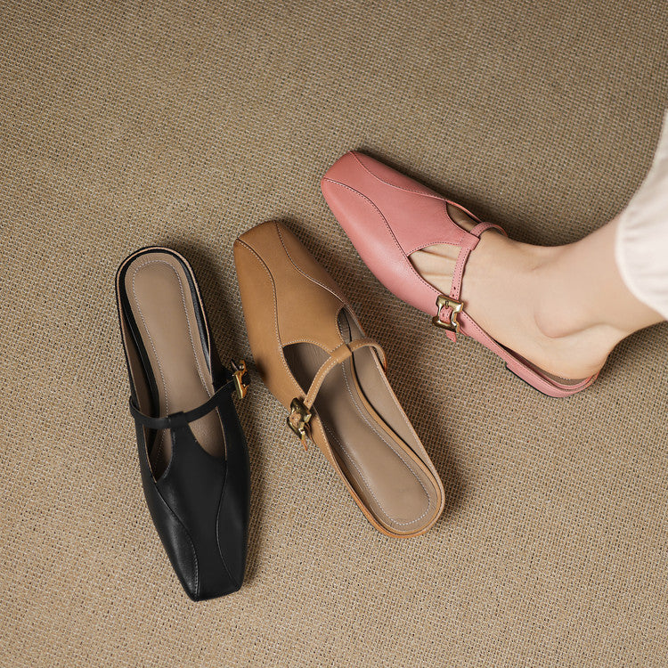 Hephzibah — Buckle T-Strap Flat Mules